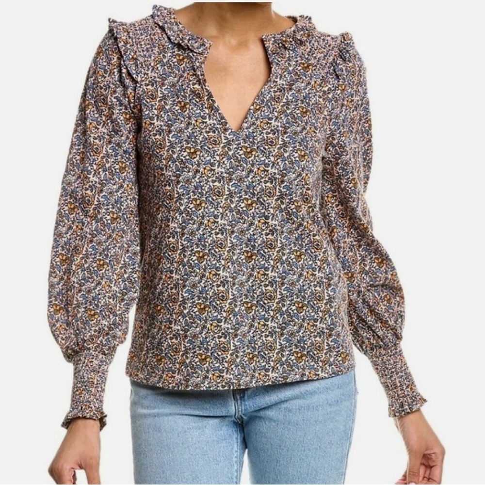 Boden WOMENS SIZE US 4 Notch Neck Smocked Frill Pink Orange/Blue Floral Top